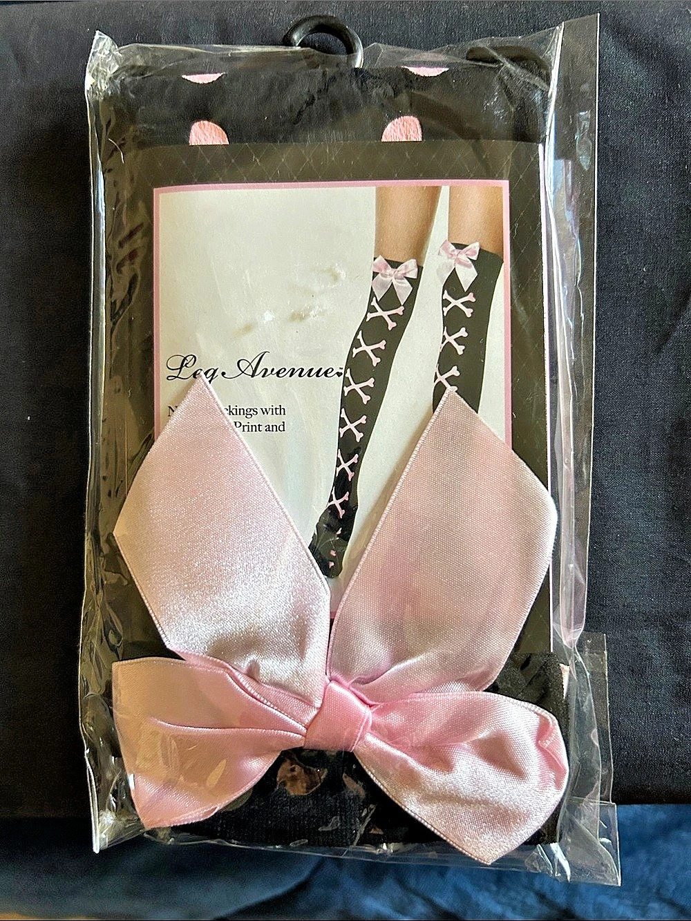 Leg Avenue Nylon Stockings with Crossbones Print and Satin Bow Black & Pink